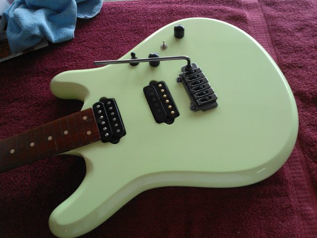 Custom guitar, body and neck detail. Built by William Gelvin, Gelvin Guitars