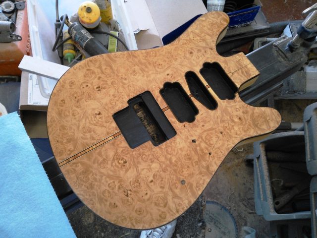 Custom guitar, body and neck detail. Built by William Gelvin, Gelvin Guitars