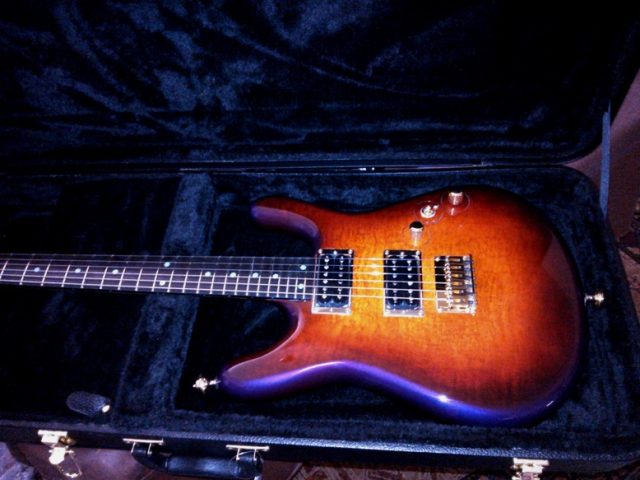 Custom electric guitar, studio photo. Built by William Gelvin, Gelvin Guitars