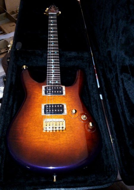 Custom guitar, body and neck detail. Built by William Gelvin, Gelvin Guitars