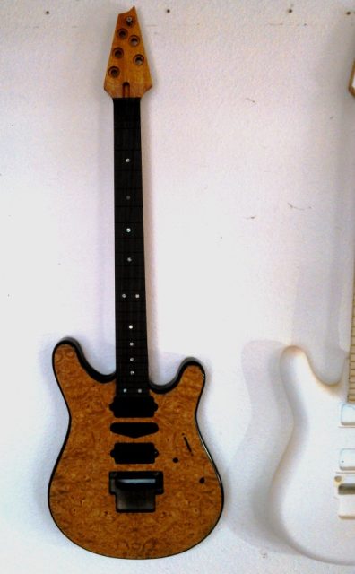 Custom guitar, body and neck detail. Built by William Gelvin, Gelvin Guitars
