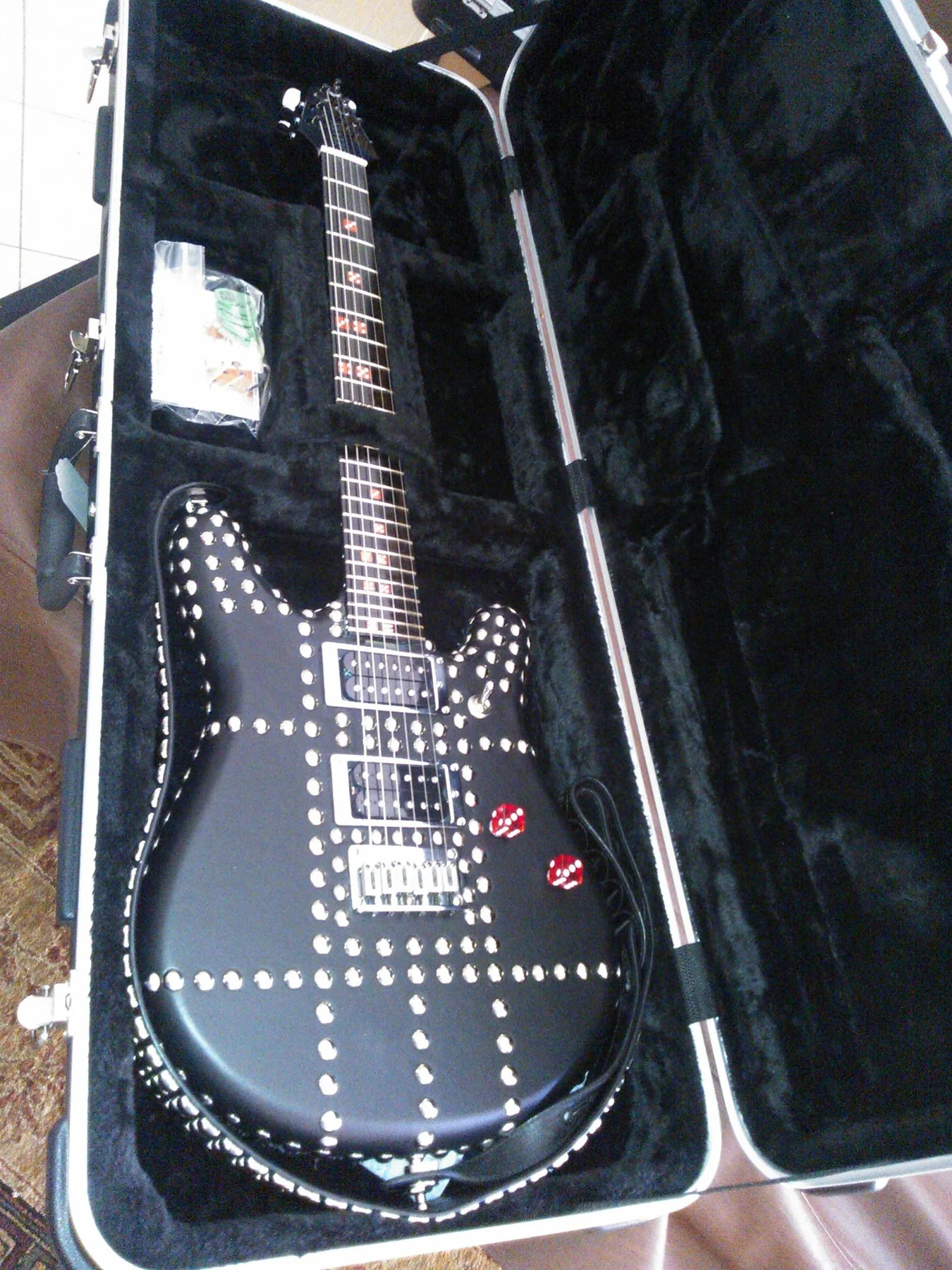 Andrew Dice Clay’s custom Gelvin guitar displayed in its fitted case
