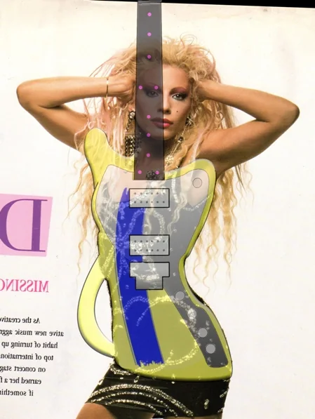 Dale Bozzio guitar concept overlaid on a photograph of Dale