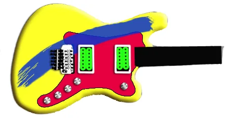Red and yellow concept drawing for Dale Bozzio’s custom guitar