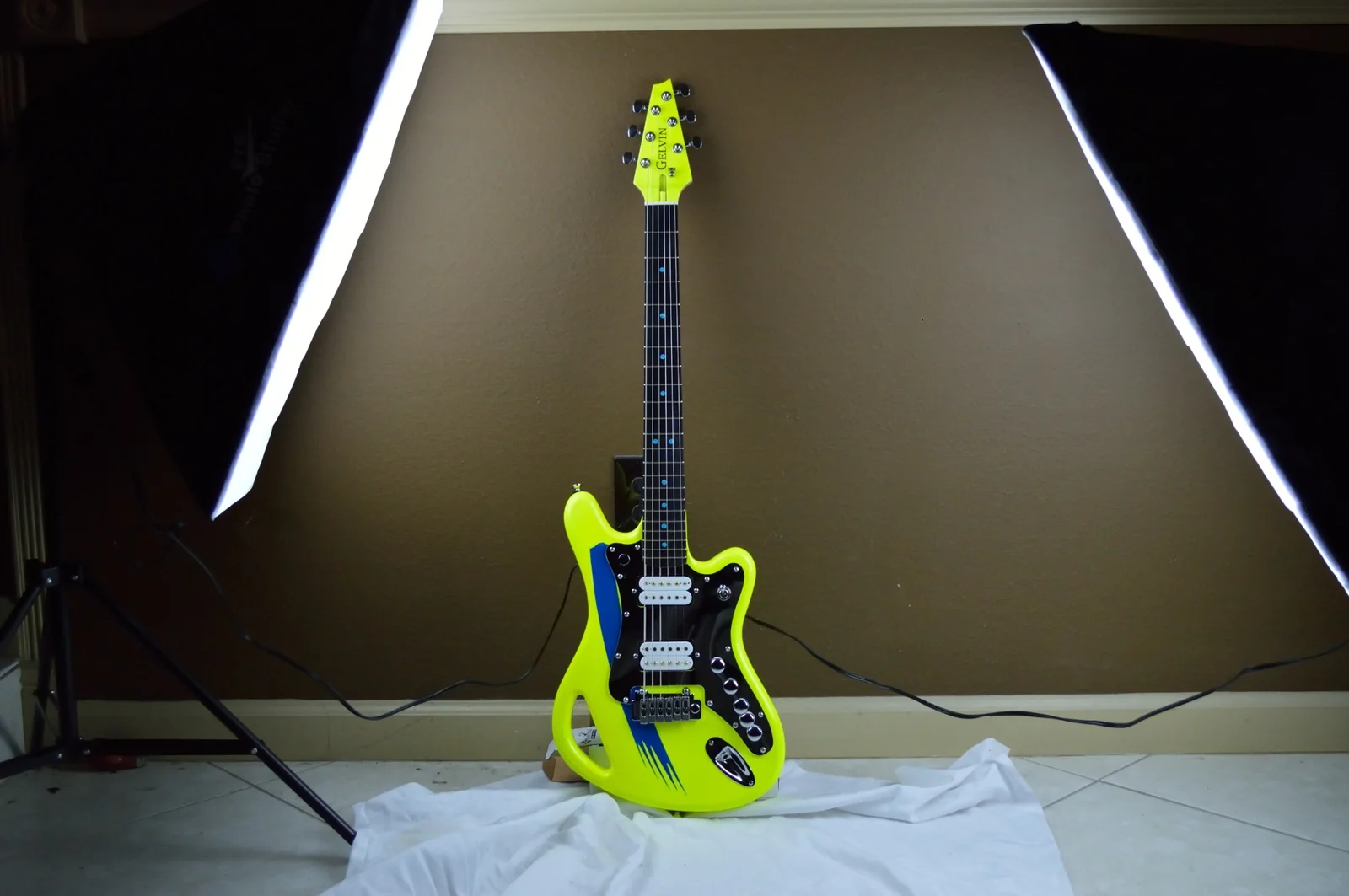 Finished neon yellow Gelvin SSM guitar built for Dale Bozzio