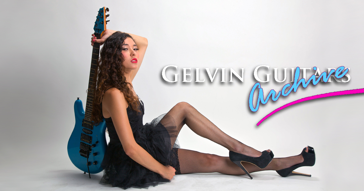 Gelvin Guitars Archive promotional banner featuring a blue custom electric guitar