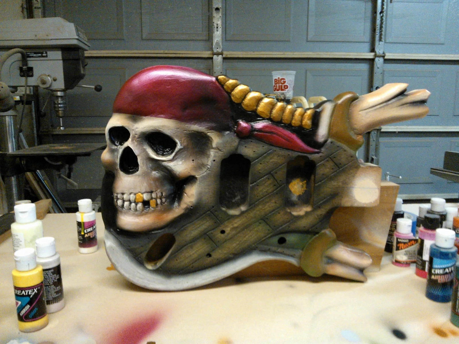 Pirate guitar body during acrylic painting and aging