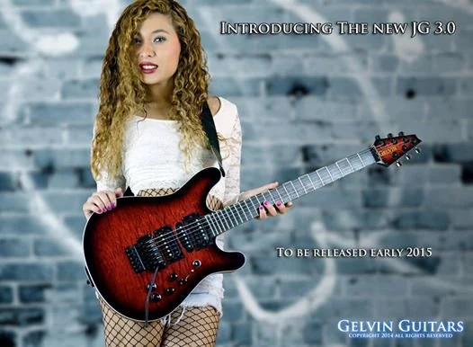 Promotional advertisement introducing the Gelvin JG 3.0 with Carolyne holding the guitar