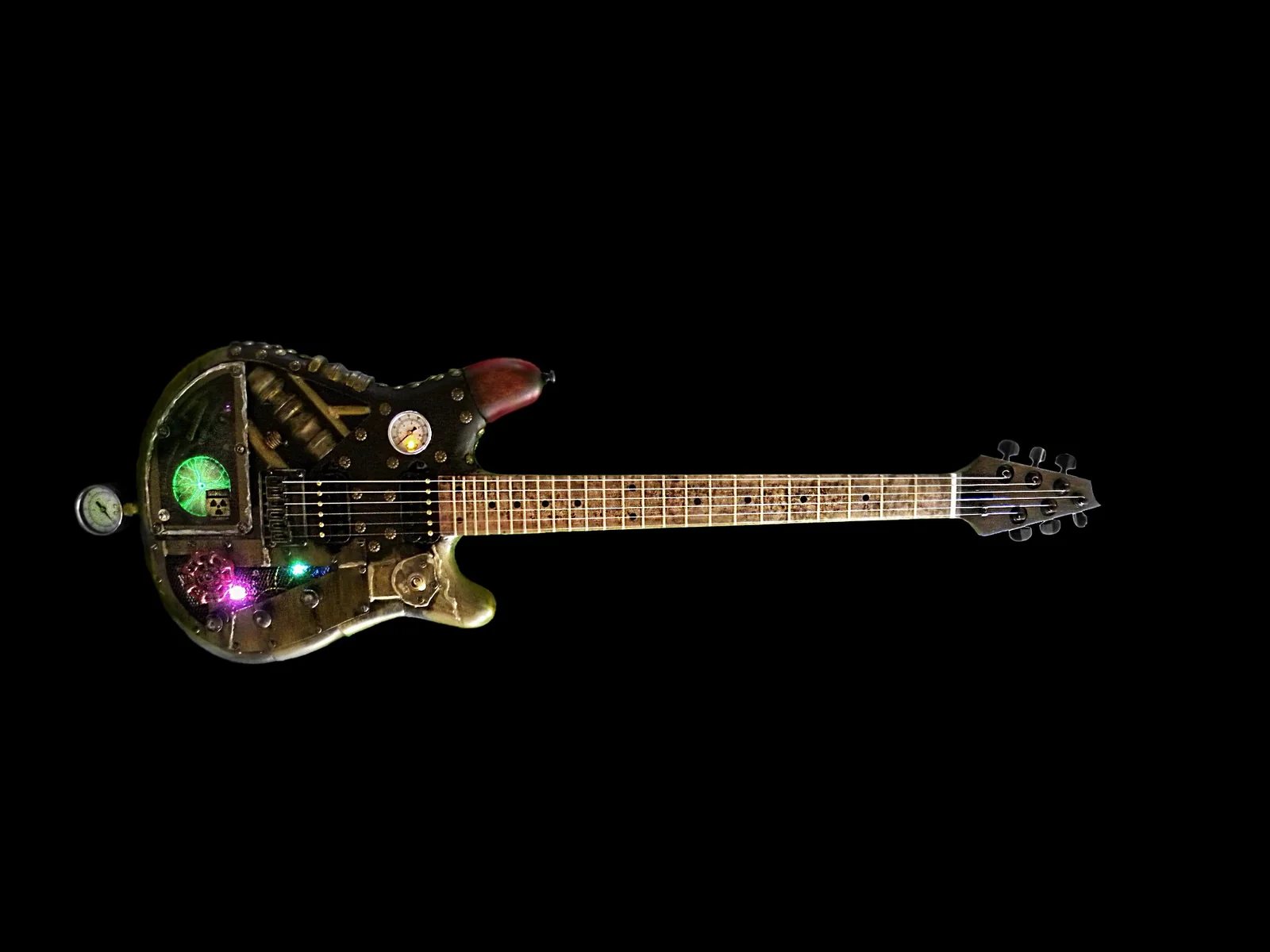 Full finished Rayko Dig steampunk guitar on a black background